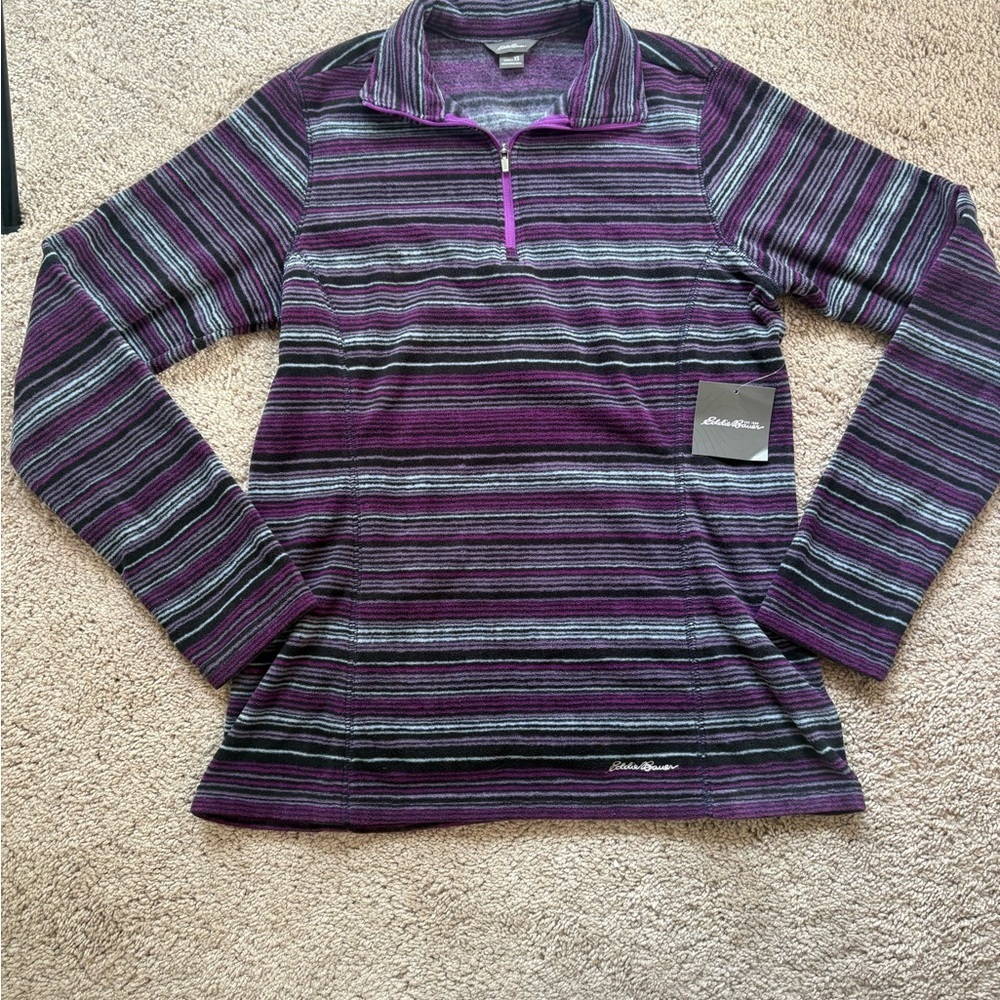 NWT Eddie Bauer Striped Half-Zip Pullover in Purple Black and Blue